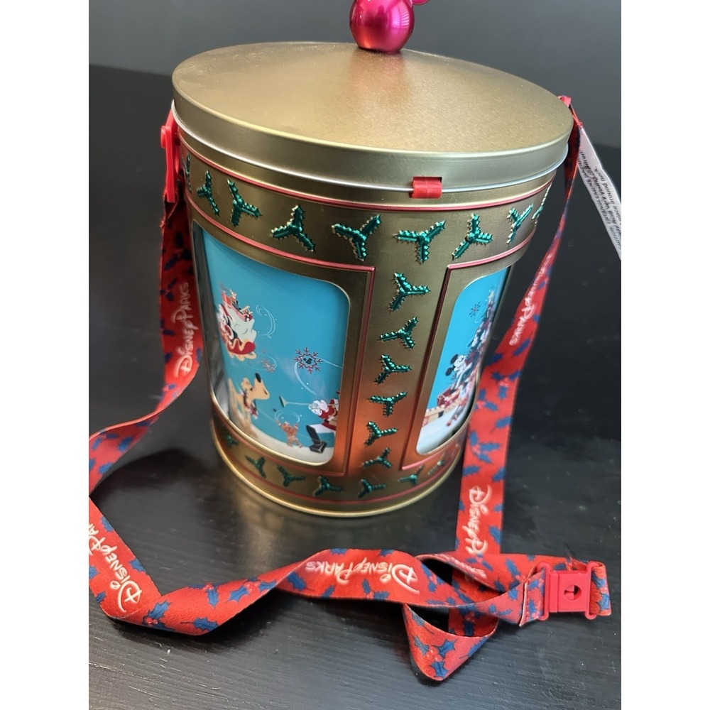 WALT‎ DISNEY WORLD 2023 Gold Christmas Tin Popcorn Bucket No Music Read Descrip